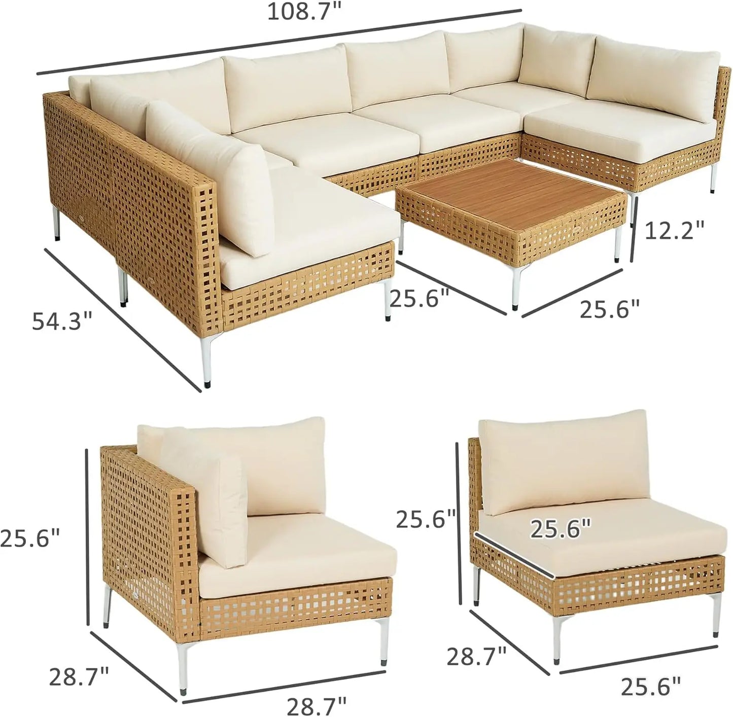 7-Piece Modular Outdoor Wicker Furniture Set with Thick Cushions and Acacia Wood Table, Khaki/Beige