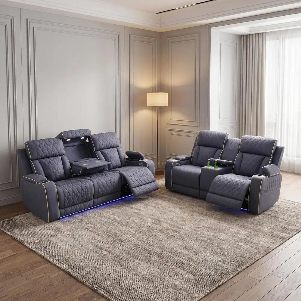 Power Reclining Sofa Set With LED Lights Leather Living Room