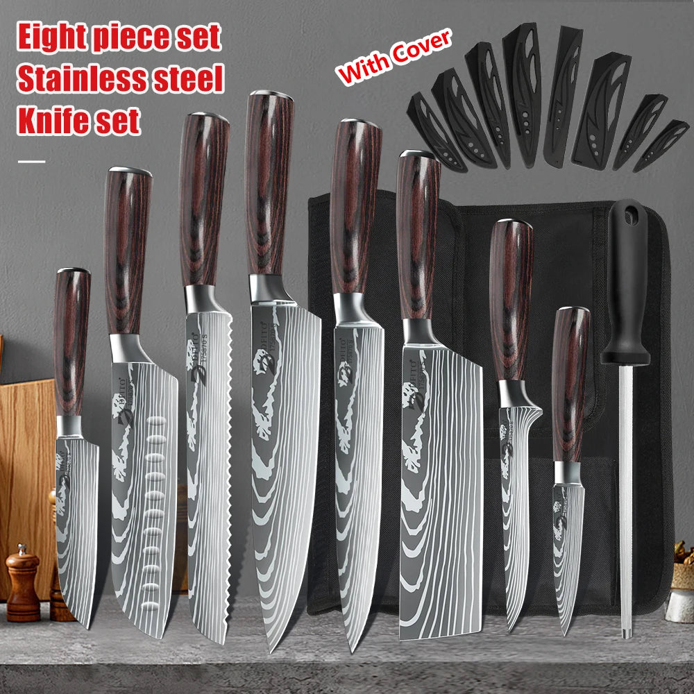 Kitchen Knife Set Stainless Steel Santoku Cleaver With Nylon Bag