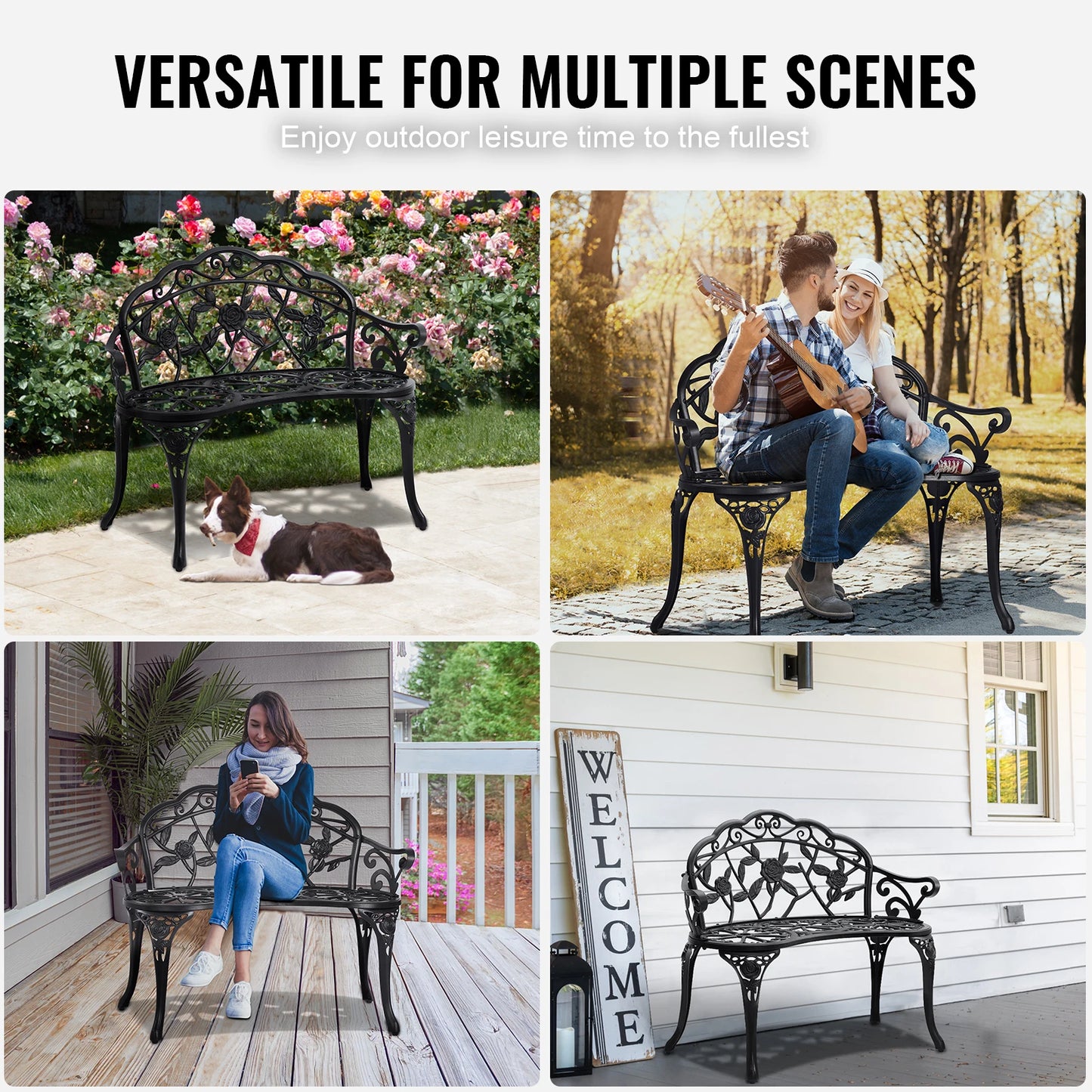 SucceBuy Wooden Outdoor Garden Bench With Metal Frame
