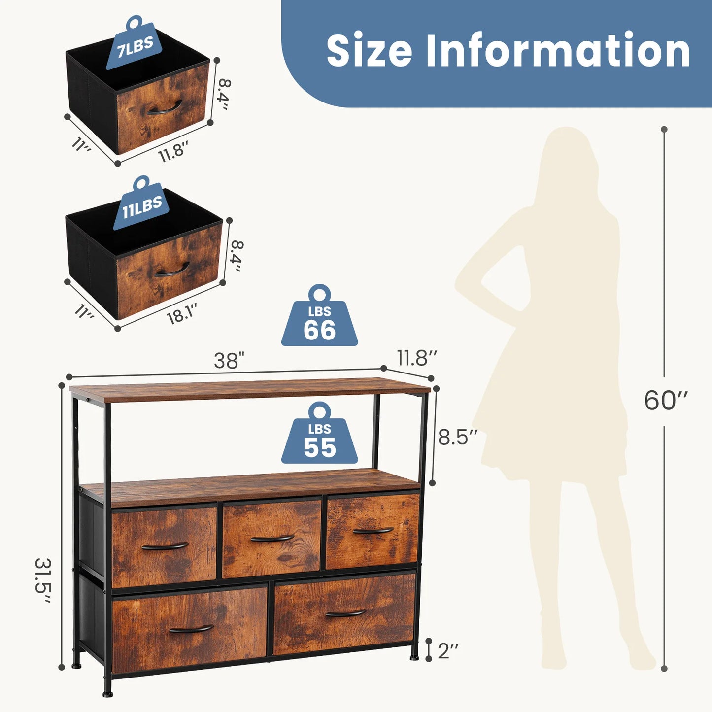 JHK Fireplace TV Stand Dresser With Five Fabric Drawers