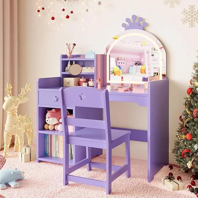HiMISS Kids Vanity With Lights 2 In 1 Princess Makeup