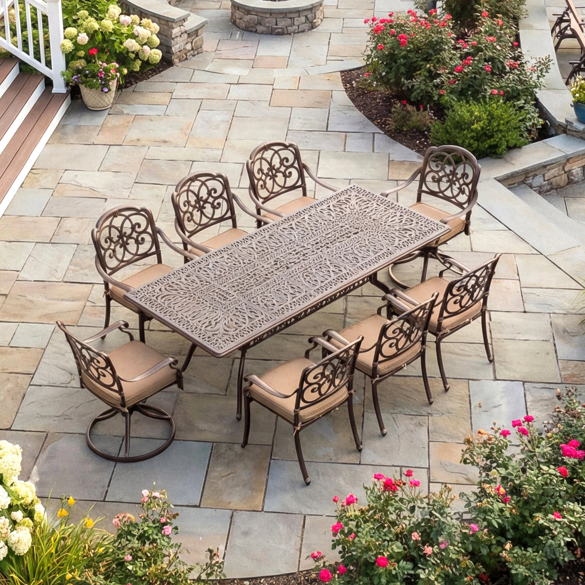 Cast Aluminum Outdoor Patio Dining Set Featuring Umbrella Hole
