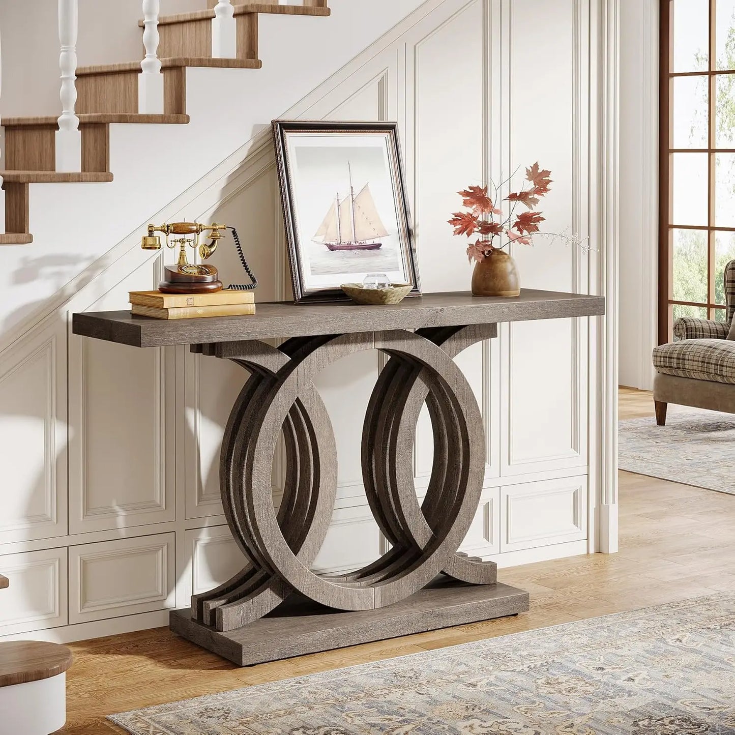 Little Tree Geometric Wood Base Console Table For Living Room