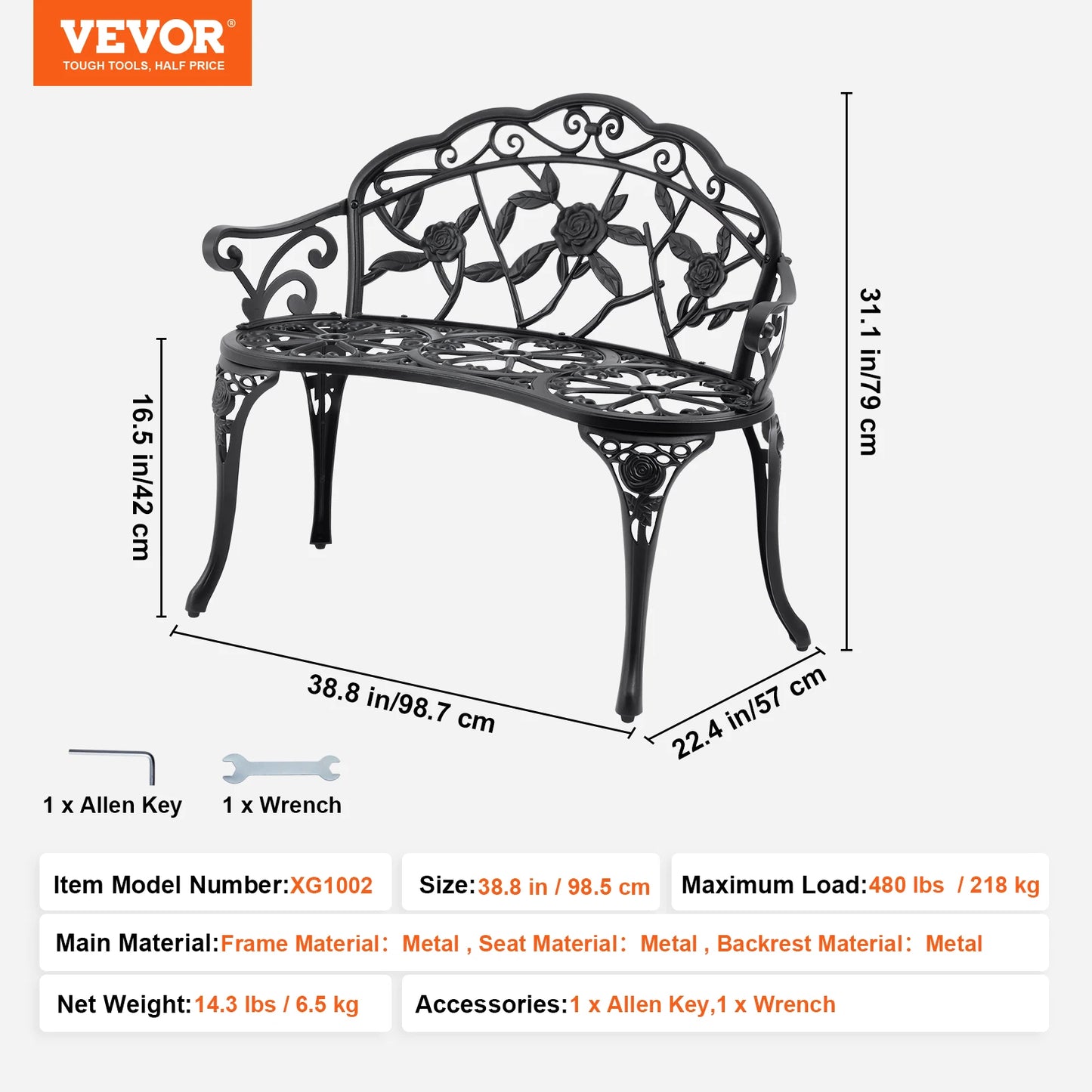 SucceBuy Wooden Outdoor Garden Bench With Metal Frame