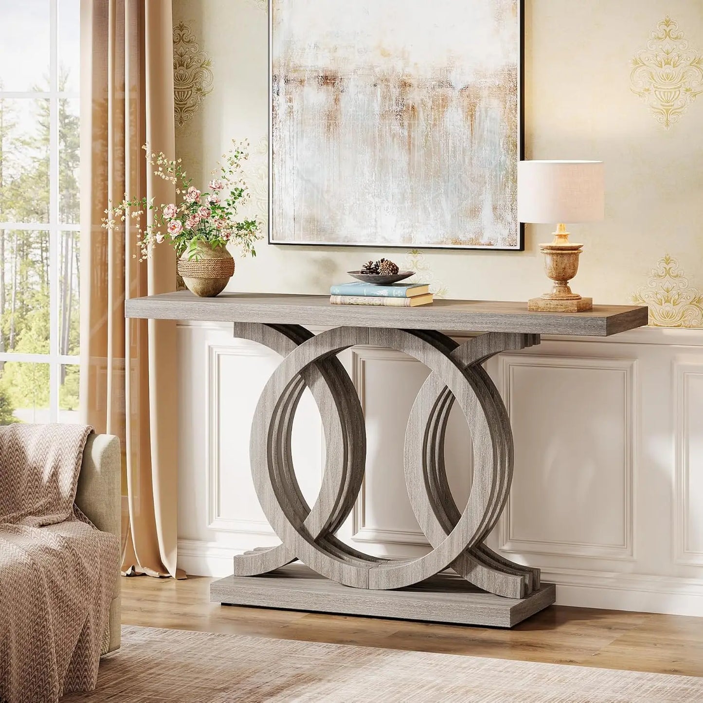Little Tree Geometric Wood Base Console Table For Living Room