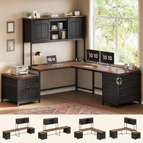 Farmhouse L Shaped Desk with 6 Drawers and Power Outlet