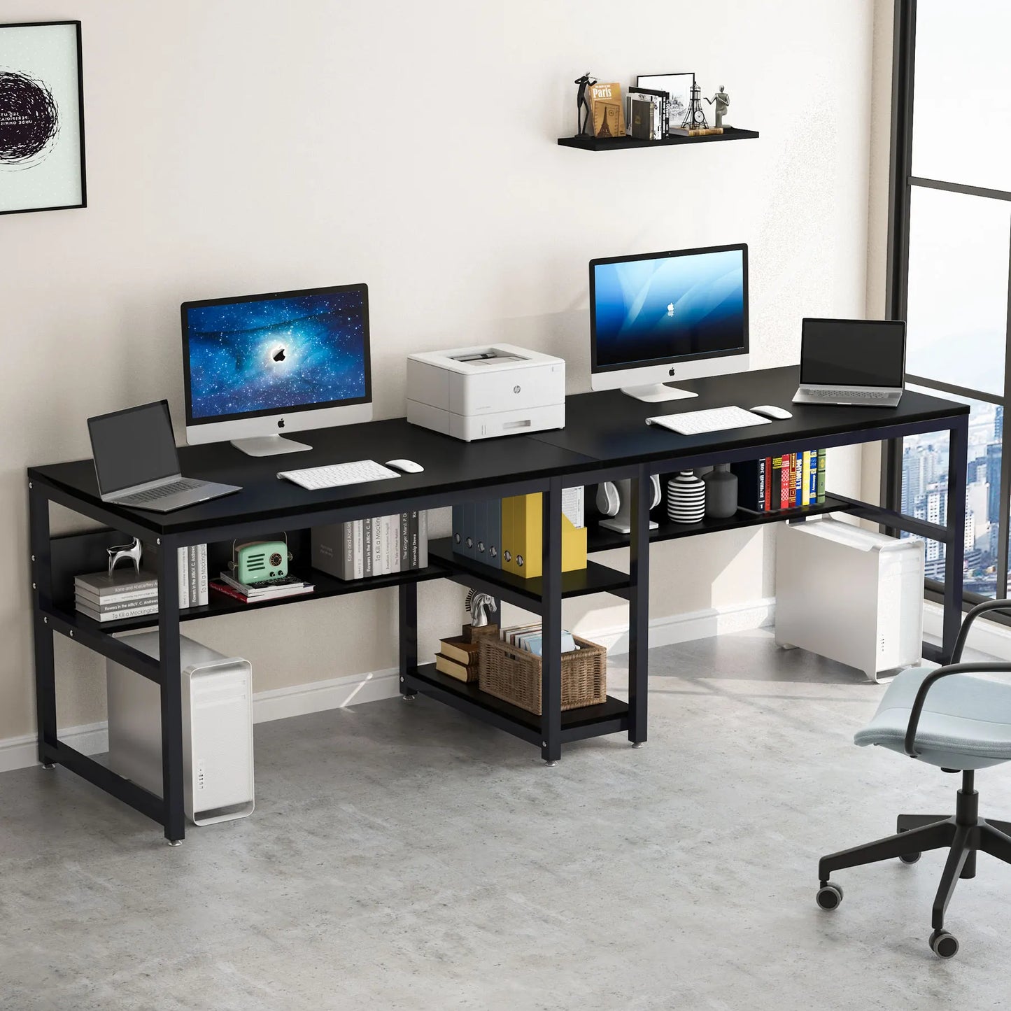 Tribesigns Two Person Desk With Bookshelf For Home Office Rustic