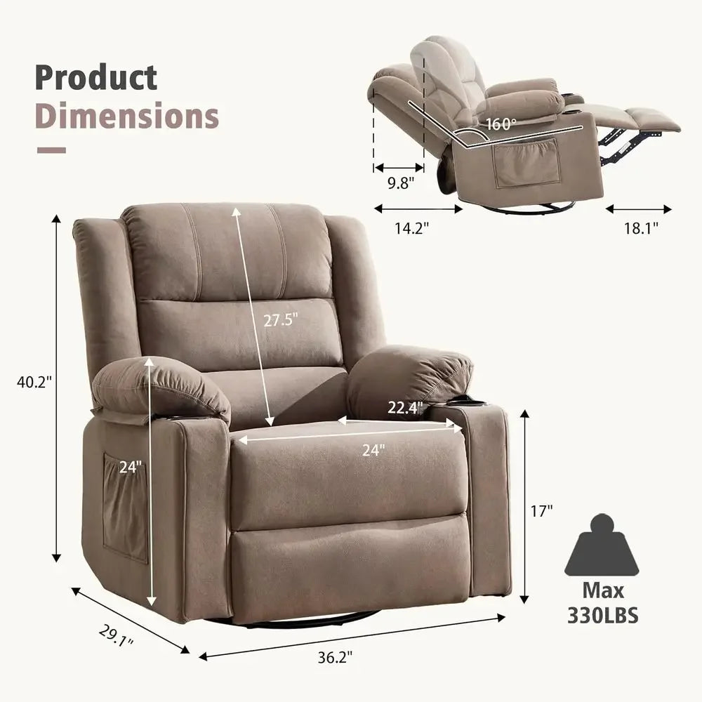 Overstuffed Manual Rocker Swivel Recliner With Massage And Heat