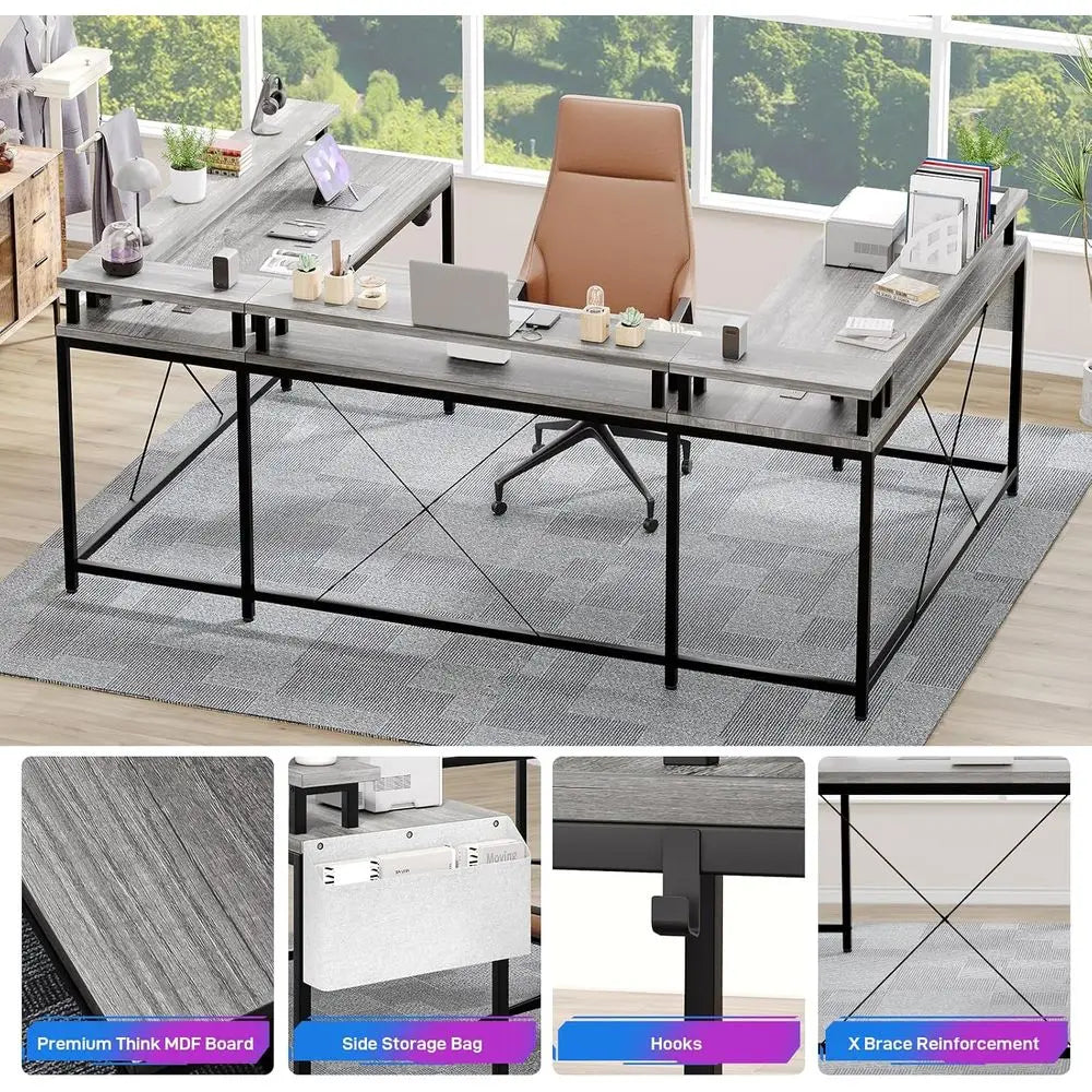 L-Shaped Gaming Desk With Power Outlets LED Lights Reversible Design