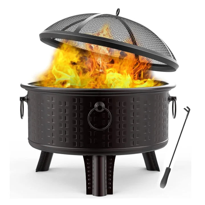 Outdoor Steel Wood Burning Fire Pit Bowl With Poker Cover