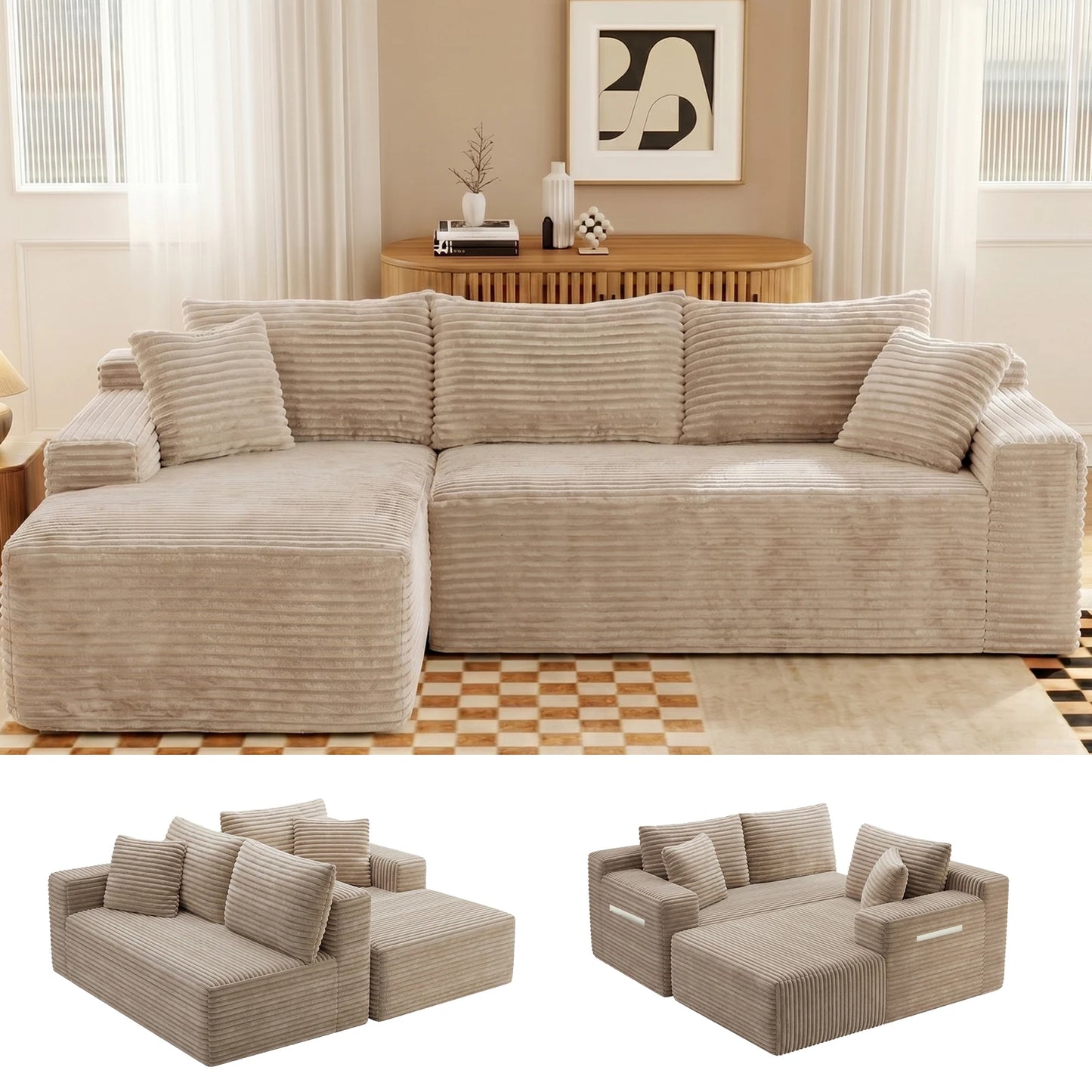 Cloud Modular Corduroy Sectional Sofa With L Shaped Chaise