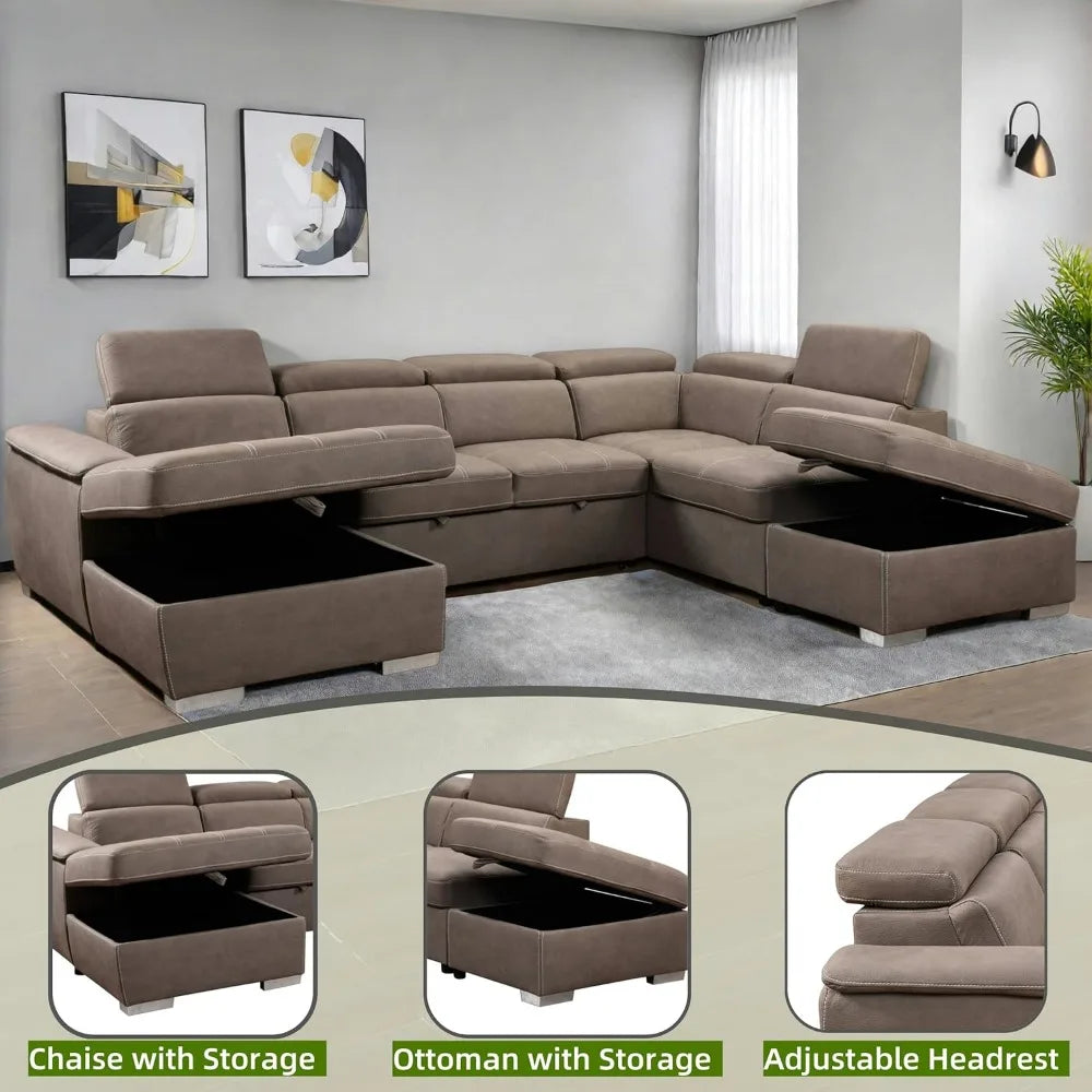 Oversized Microfiber U Shaped Sectional Sofa With Pullout Bed