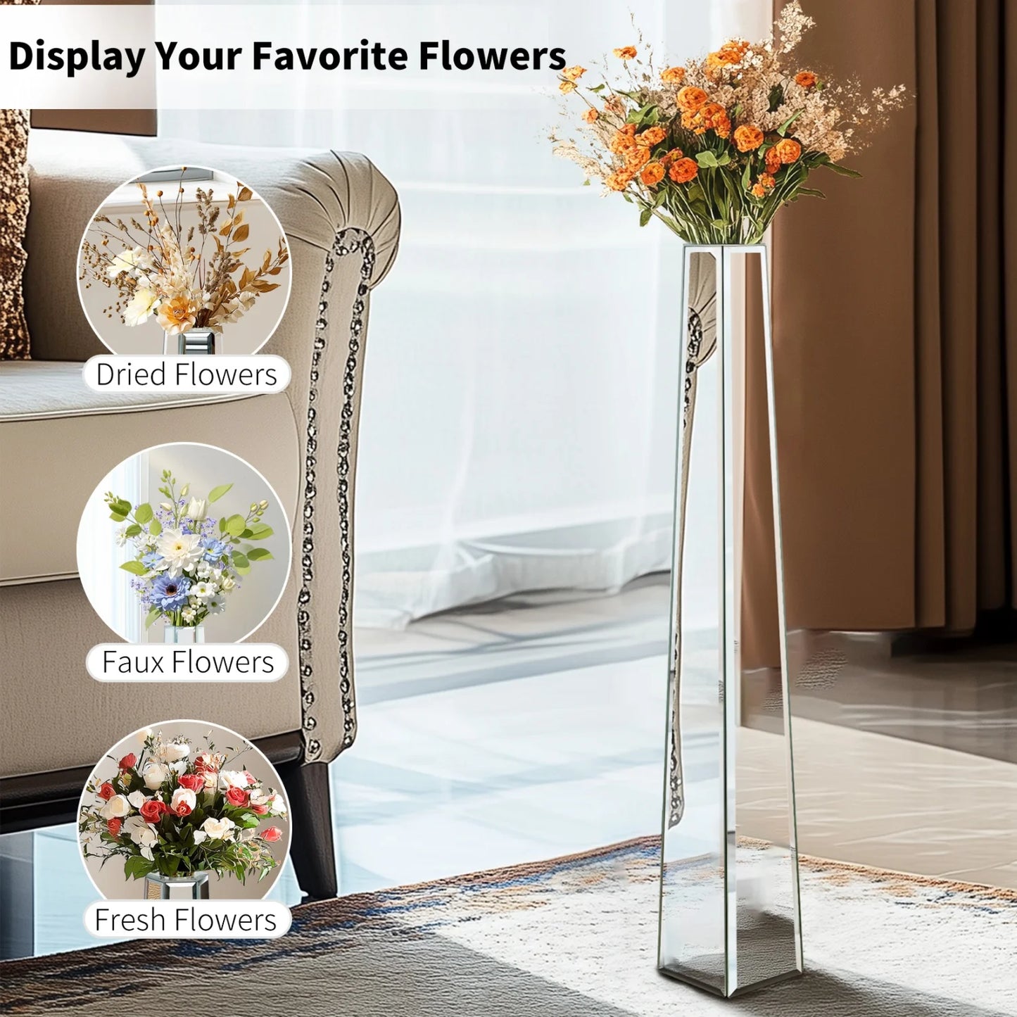 Large Vases 77cm Tall Luxury Mirrored Thin Vase Floor Standing, Silver Glass Art Decor, for Holding Dried Flowers, Living Room