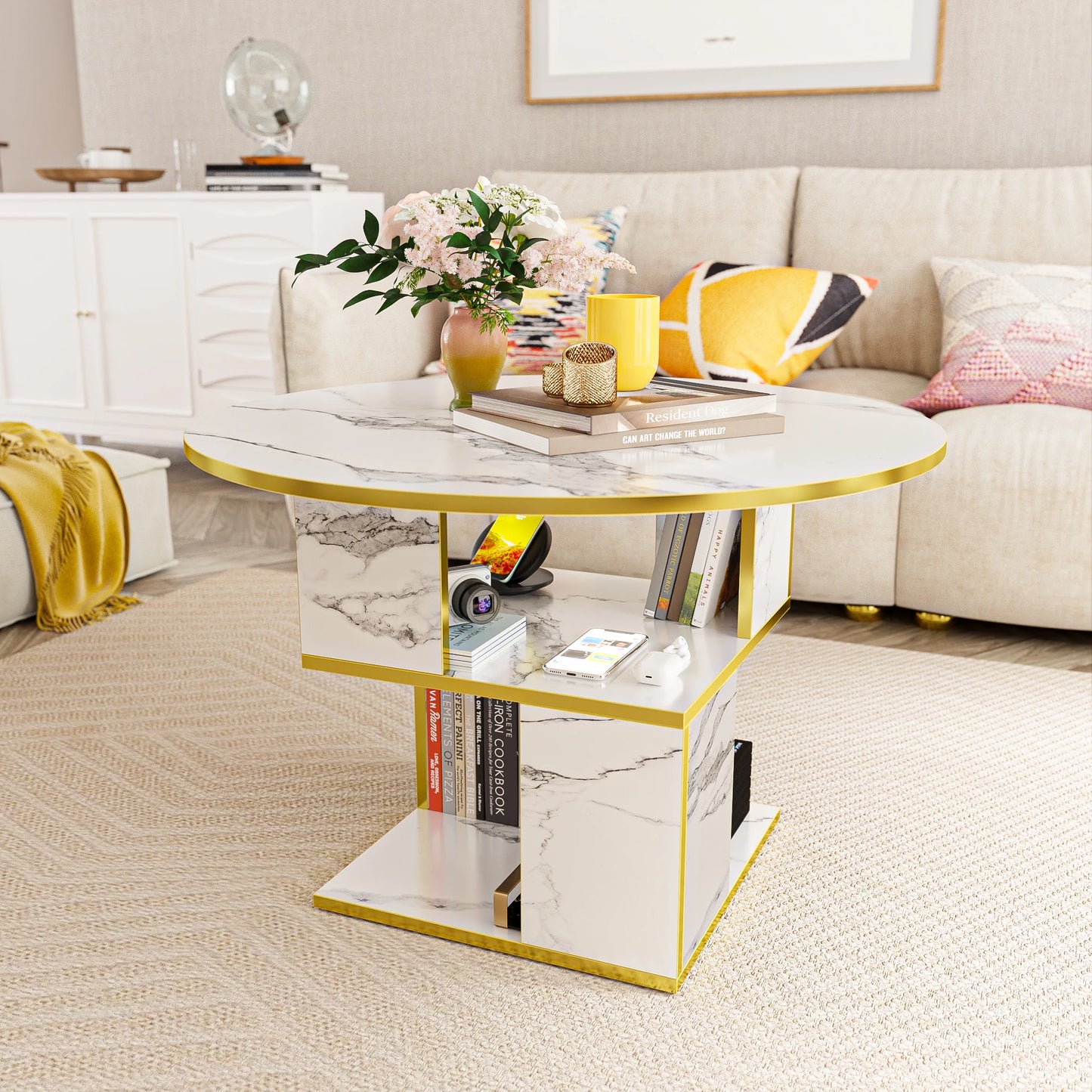 MERRONIX Round 3 Tier Coffee Table With Storage