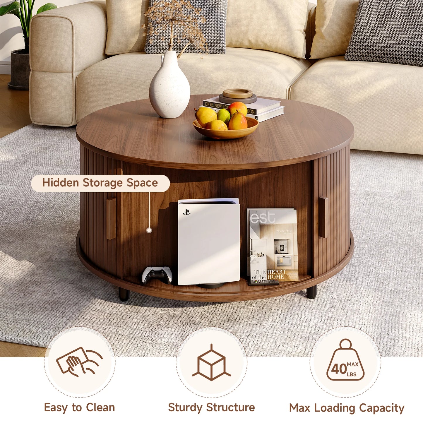 Round Coffee Table With Storage Fluted Wood Accent