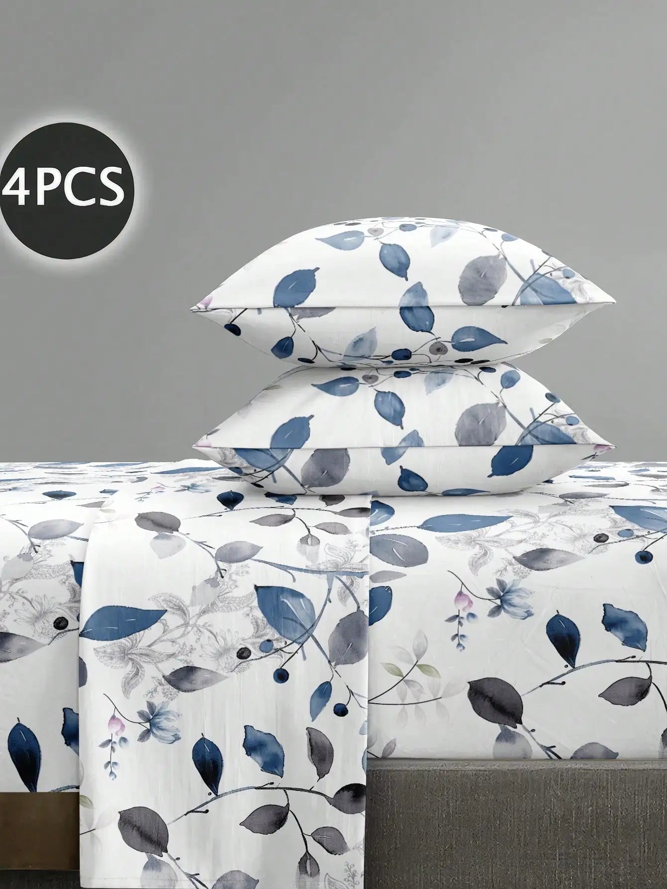 4-Piece Floral Print Bedding Set with Rose Pattern, Fitted Sheet, Flat Sheet & 2 Pillowcases