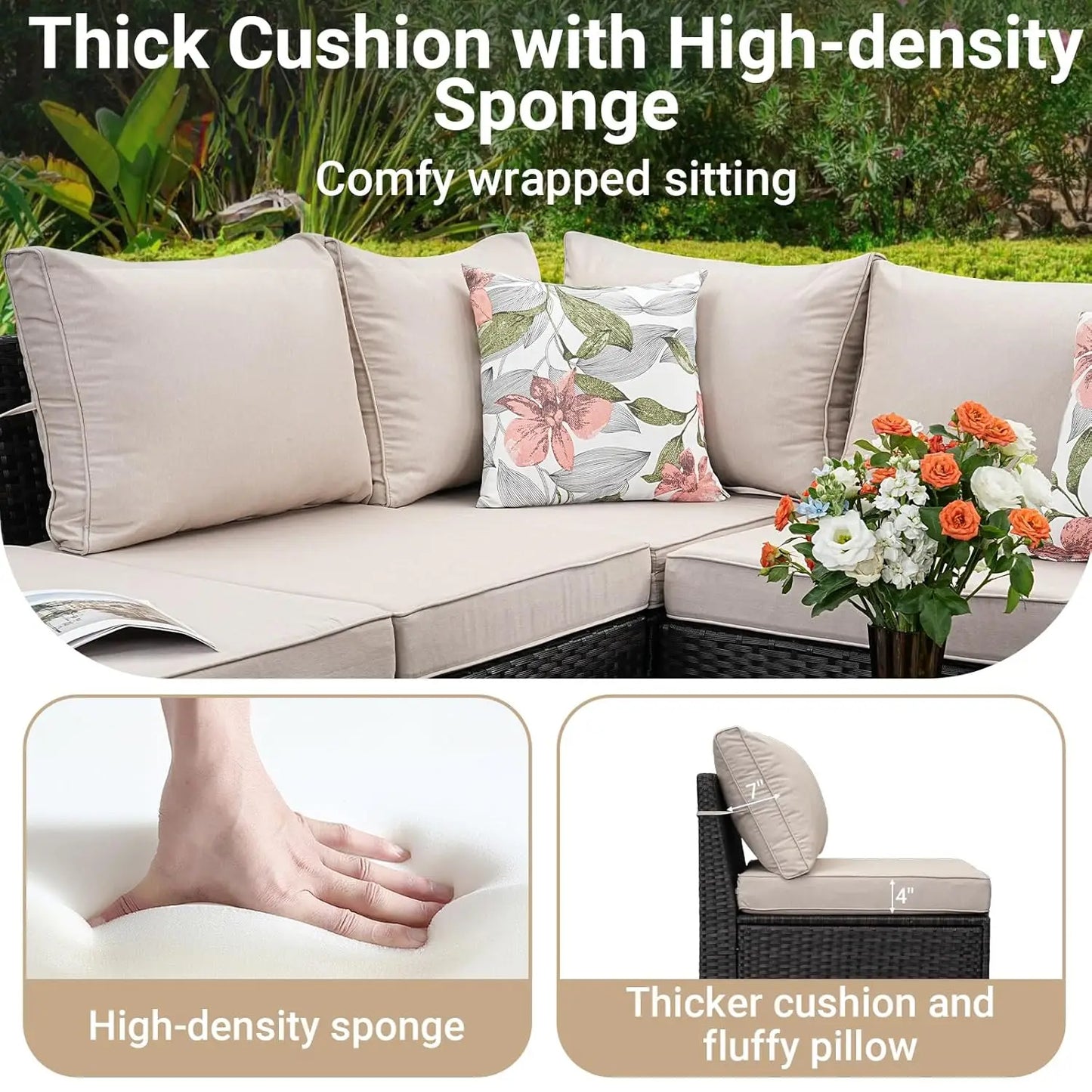 6-Piece Patio Furniture Set, All-Weather Outdoor Wicker Sectional Sofa with Cushions, Glass Table & Left and Right, Customized