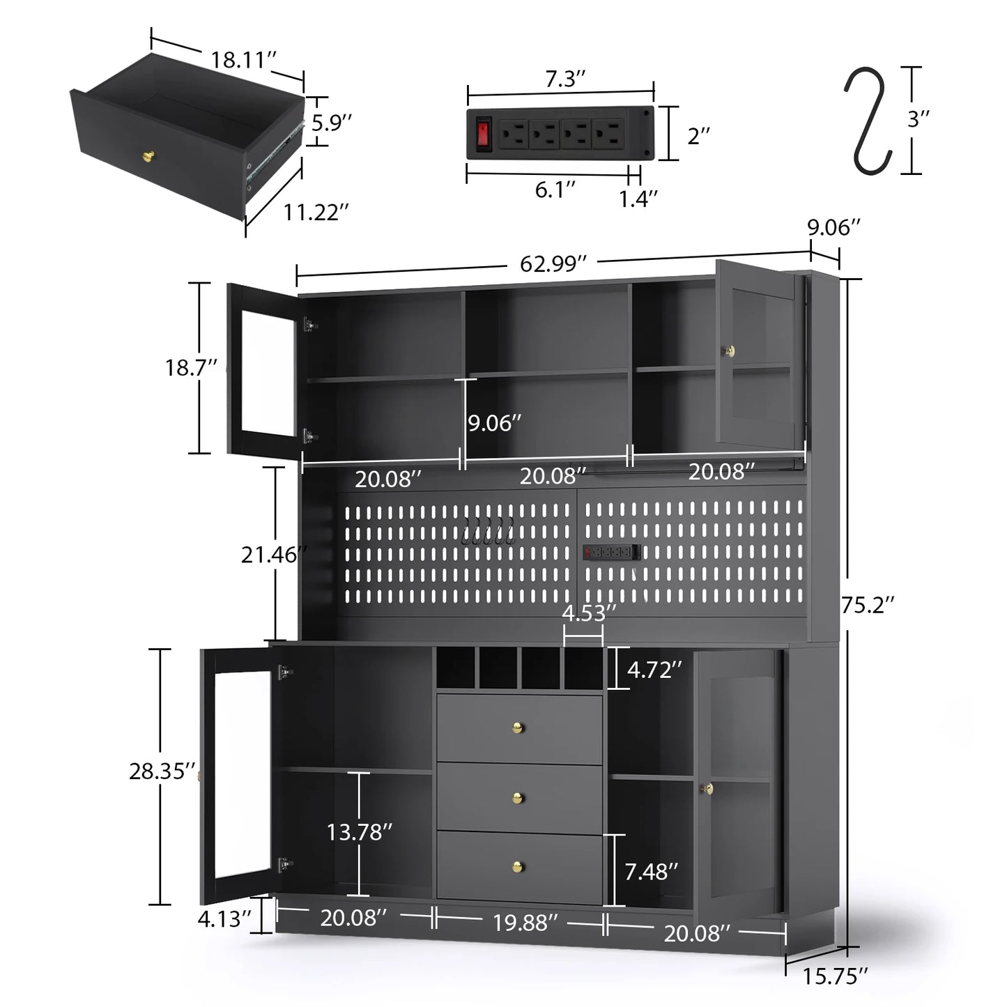 VOWNER Pantry Cabinet Freestanding Kitchen Storage Buffet Pegboard