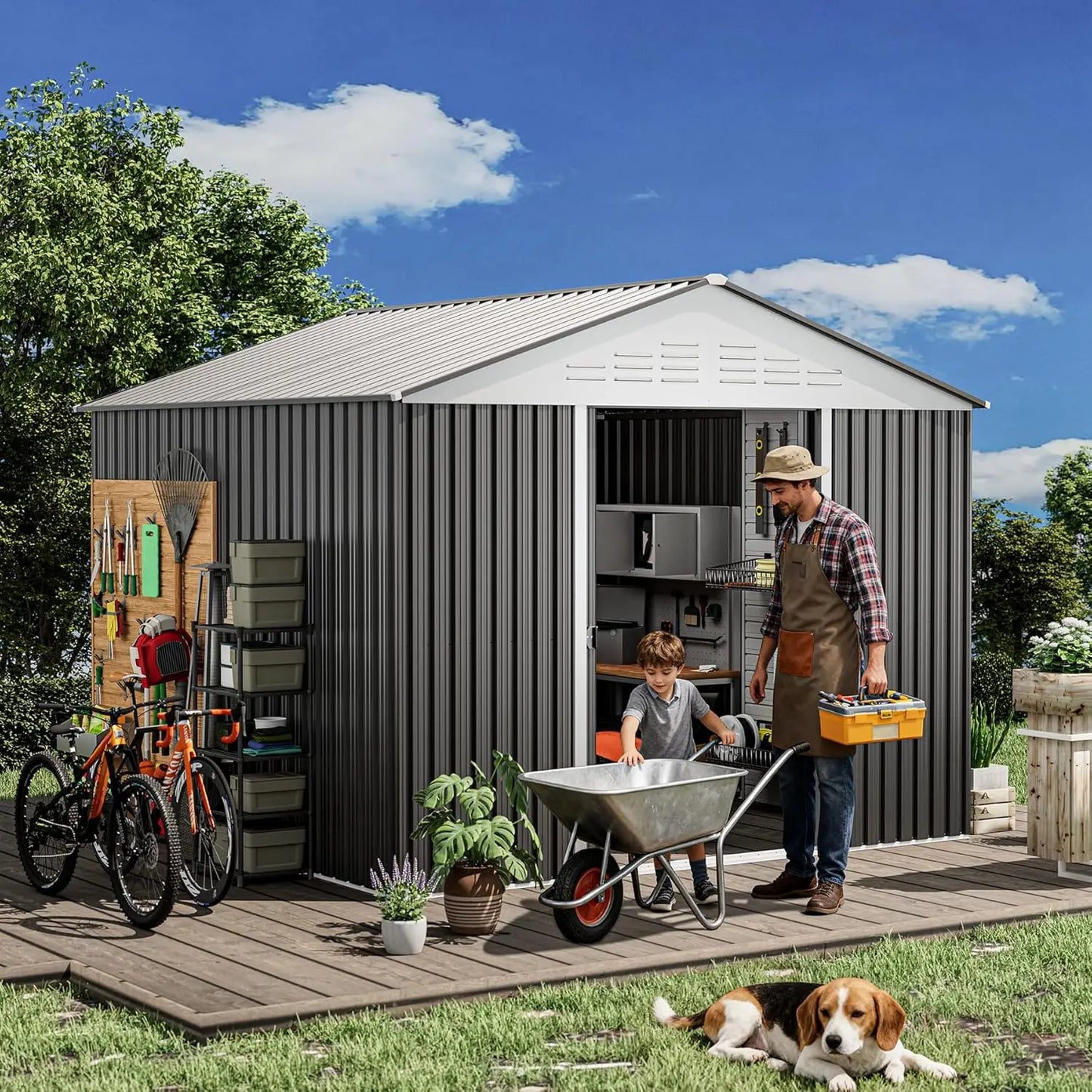 Outdoor Metal Storage Shed With Sliding Door For Garden
