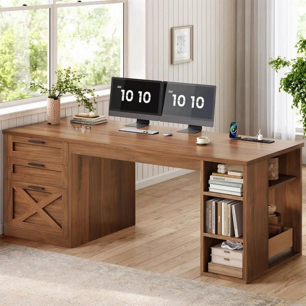 Farmhouse Office Desk With 3 Drawers And Power Outlet