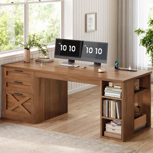 Farmhouse Office Desk With 3 Drawers And Power Outlet