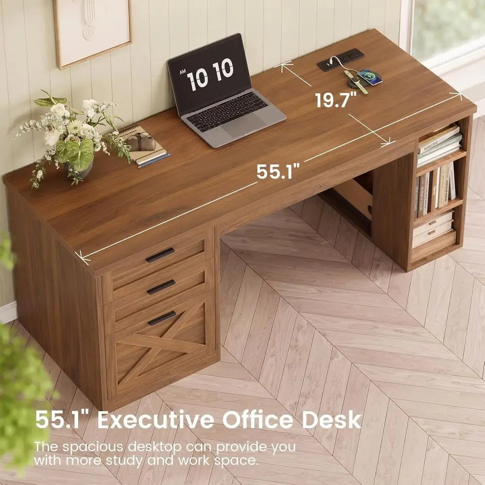 Farmhouse Office Desk With 3 Drawers And Power Outlet
