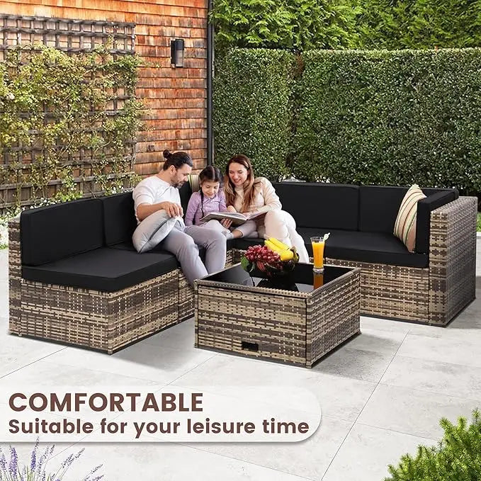 Outdoor Wicker Rattan Patio Sectional Set With Glass Top Table