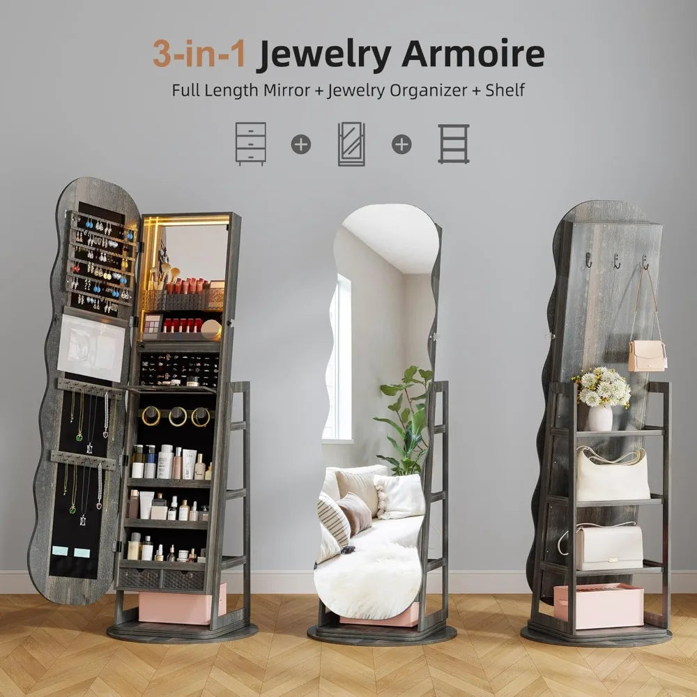360° Rotating Jewelry Cabinet with Light, LED Jewelry Storage Box with Full-length Mirror, Lockable Wavy Mirror Jewelry Cabinet