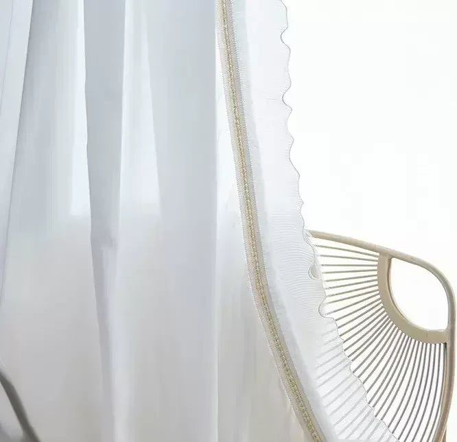 French Curtains for Living Dining Room Bedroom Cream Cured Embossed Chenille Texture Thick Window White Tulle Sheer Curtain