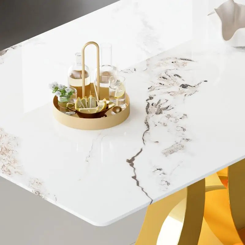 Marble Patterned Pressed Glass Dining Table Set With Gold Accent