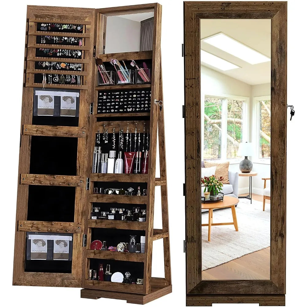 Lockable Floor Standing Wooden Jewelry Armoire with Full Length Mirror 360°Rotatable Jewelry Organizer Cabinet