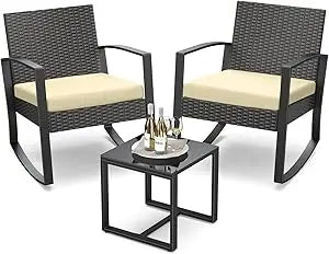 Outdoor Rattan Patio Furniture Set Rocking Bistro With Coffee Table