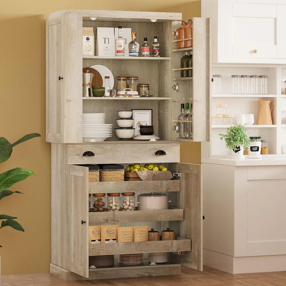 Freestanding Kitchen Pantry Cabinet With Drawer And Sliding Shelves