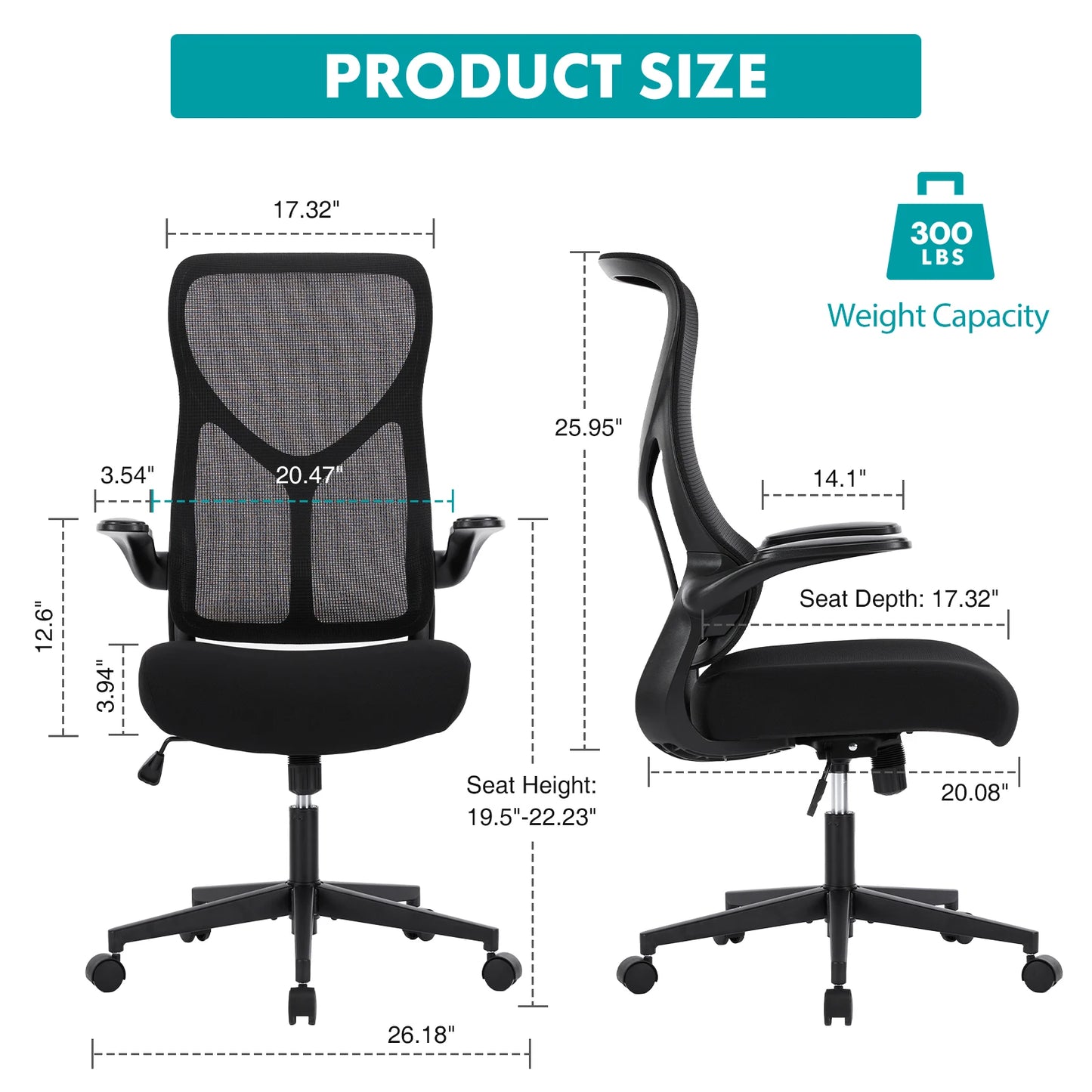 JHK Mesh Lumbar Ergonomic Office Chair With Flip Up Arms And Adjustable Seat Height