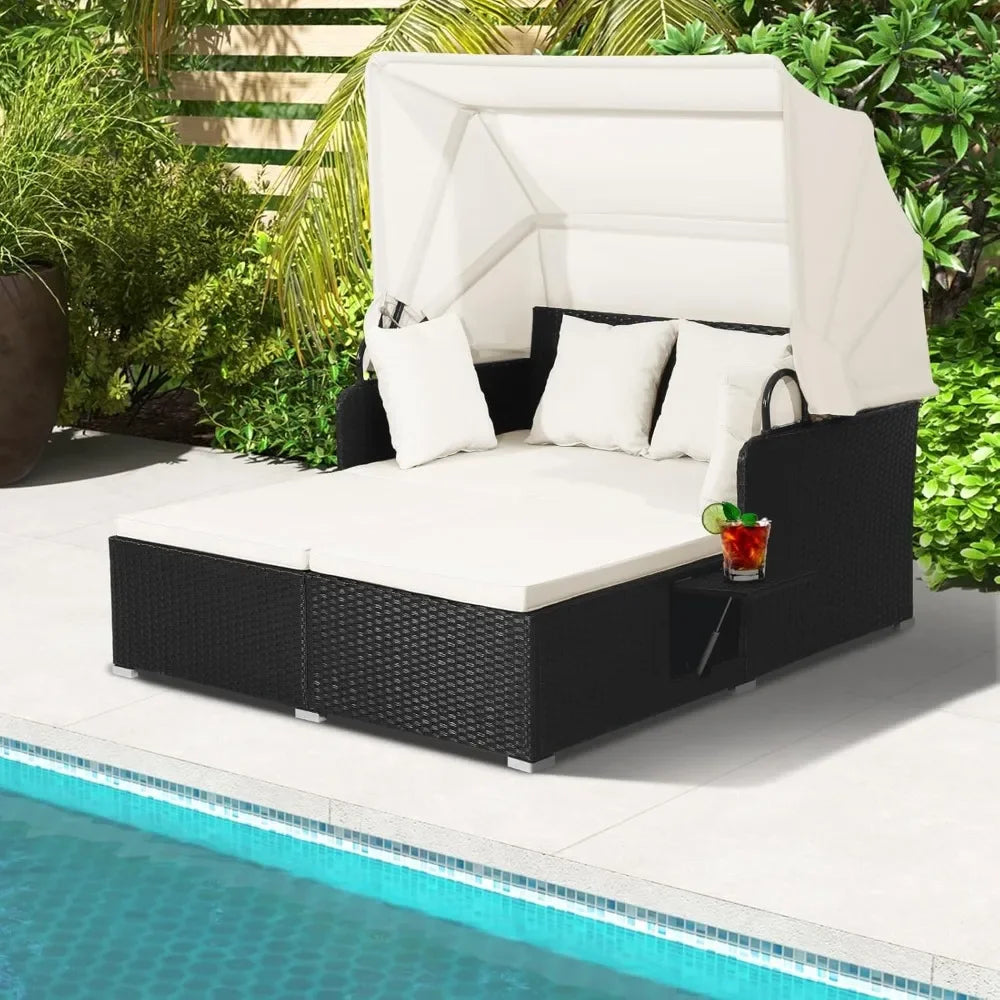 Outdoor Daybed 2 Person Wicker Lounge With Retractable Canopy Cushions