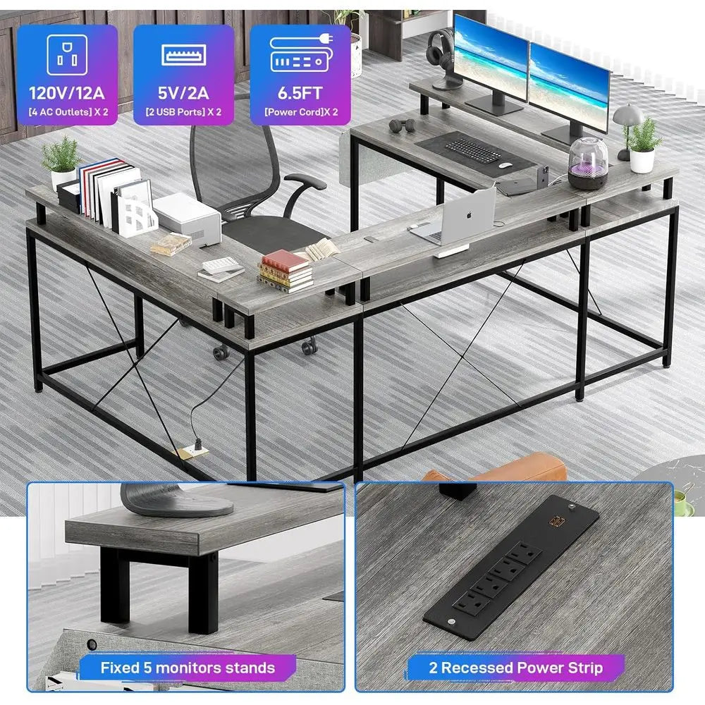 L-Shaped Gaming Desk With Power Outlets LED Lights Reversible Design
