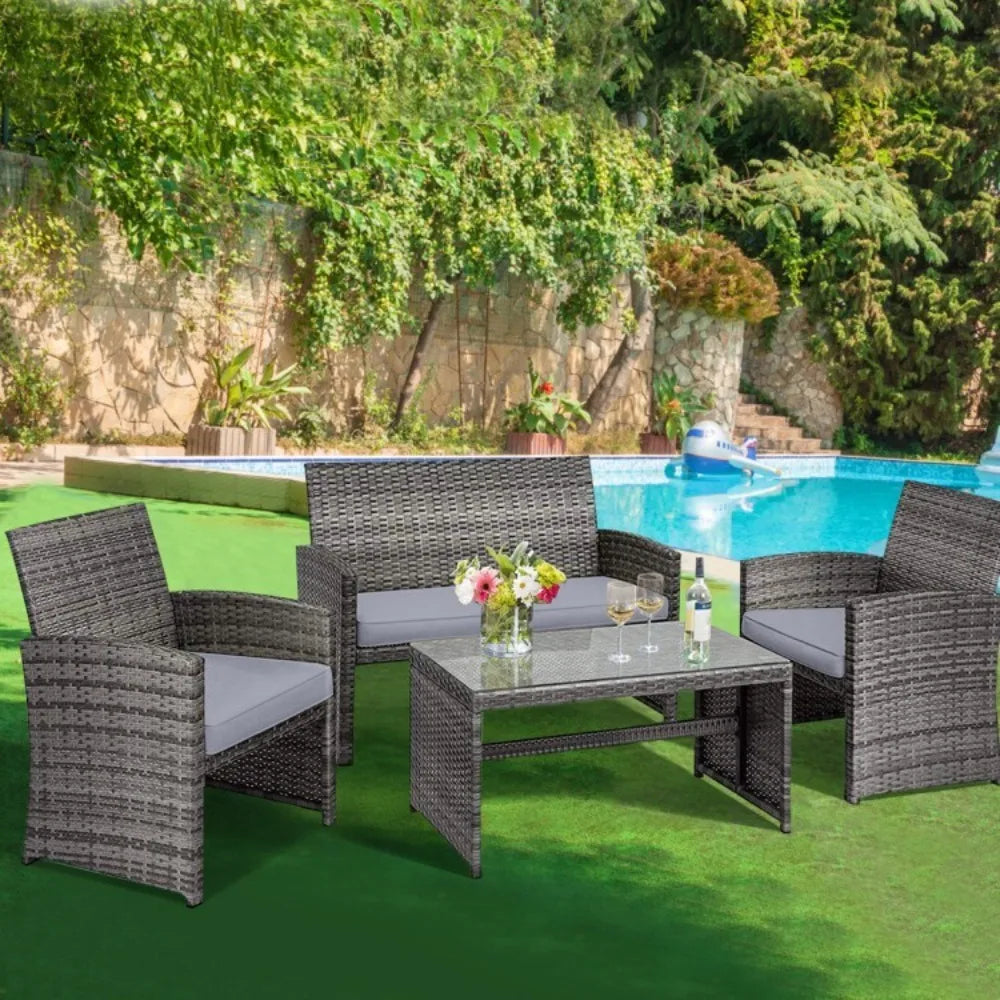 4PCS Patio Outdoor Conversation Furniture Rattan Set w/Glass Table and Loveseat