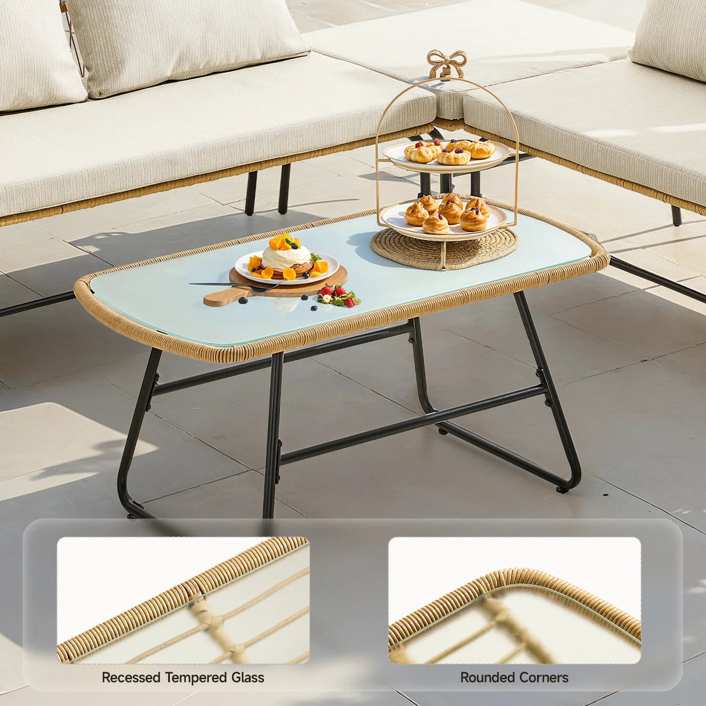 4-Piece Outdoor Sectional Set, Wicker Patio Couch Sets and Glass Coffee Table, L-Shaped Waterproof Olefin Fabric Outdoor Sofa