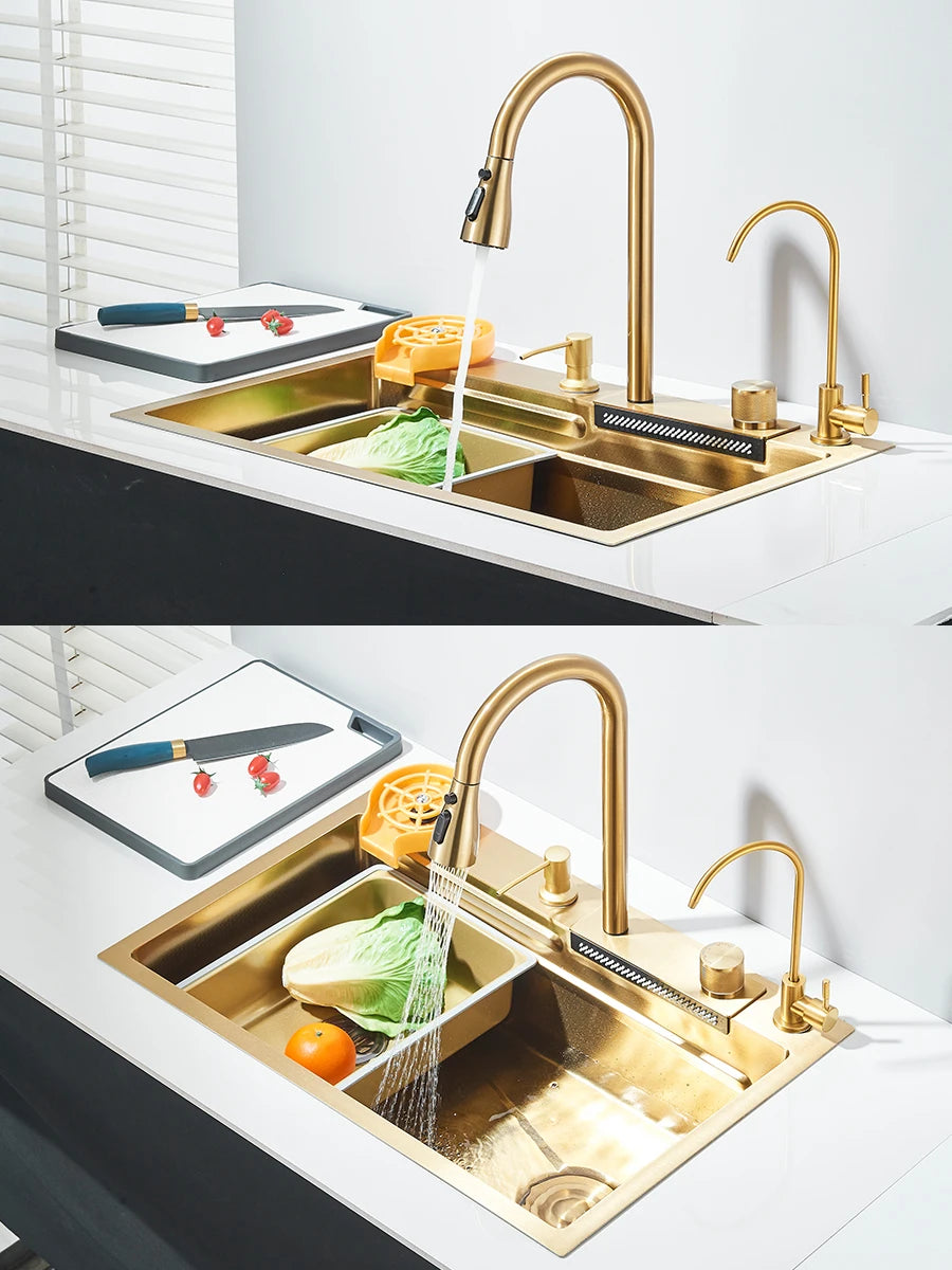 Quyanre 304 Stainless Steel Waterfall Kitchen Sink With Integrated Faucet Set Soap Dispenser Pure Water Cup Washer