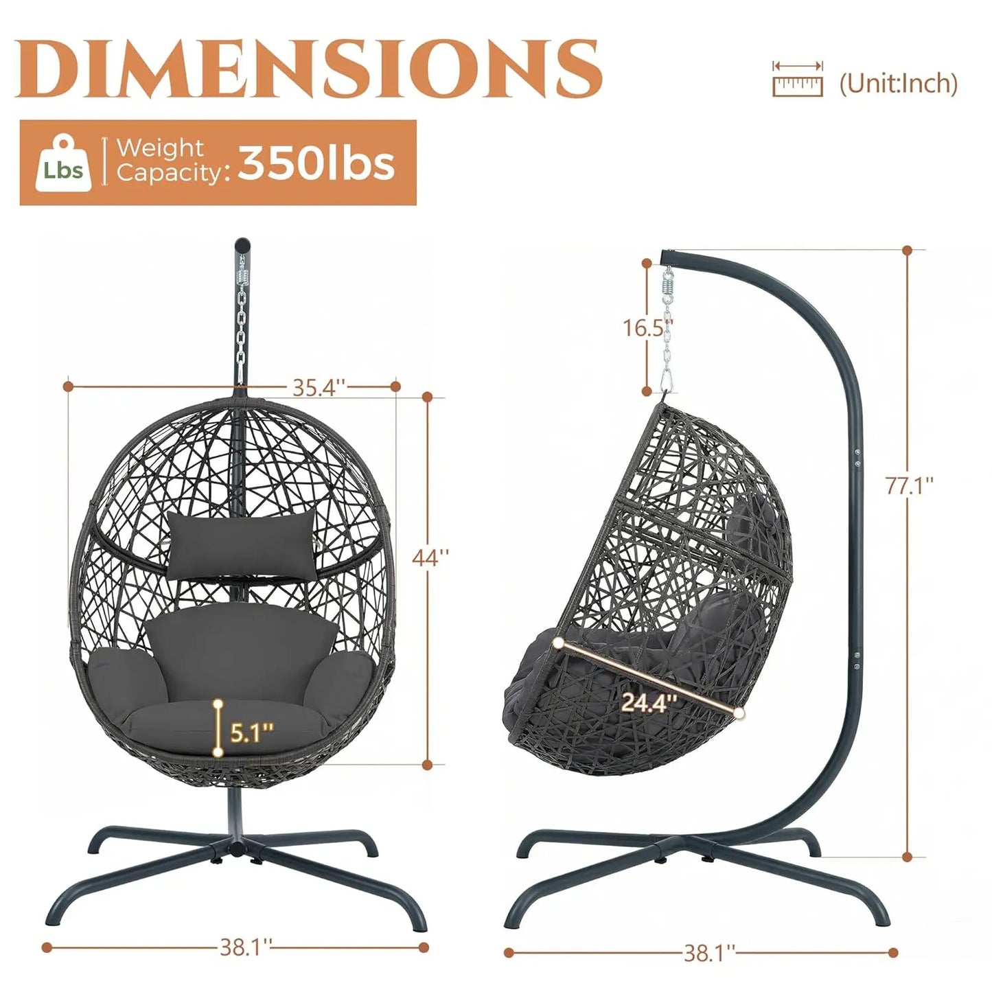 Swing Egg Chair With Stand Bird Cage Patio Hanging Cushion All Weather 350 Lbs