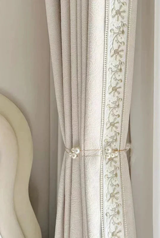 French Curtains for Living Dining Room Bedroom Cream Cured Embossed Chenille Texture Thick Window White Tulle Sheer Curtain