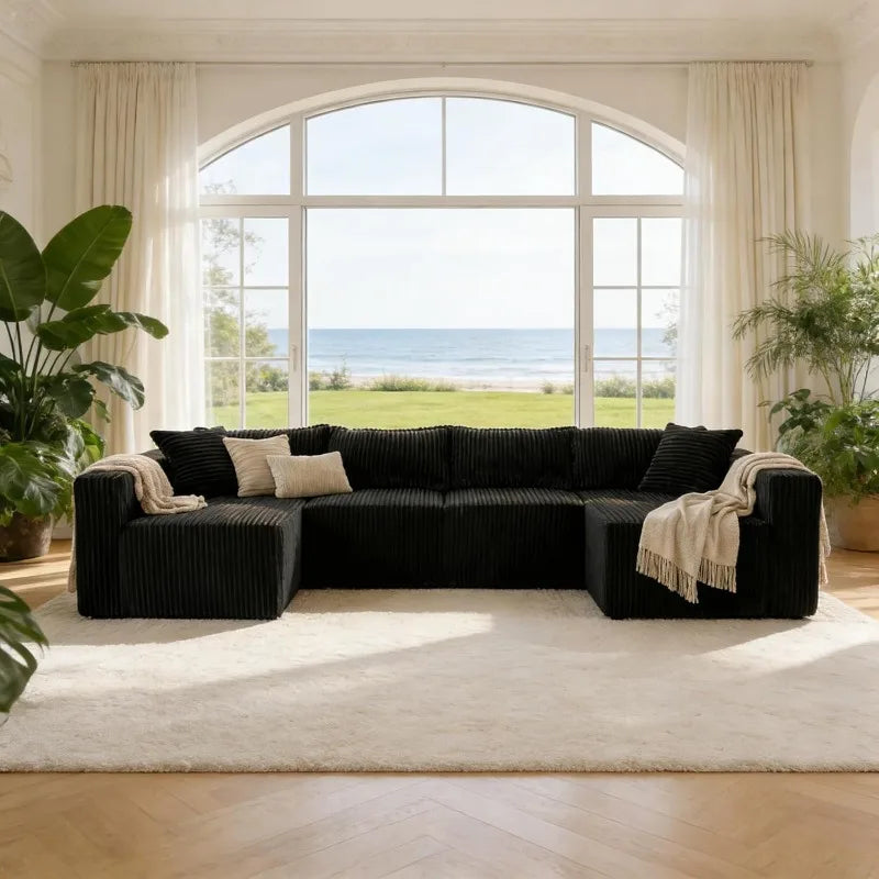 U Shaped Modular Sectional Sofa Corduroy Fabric Couch Double Chaise