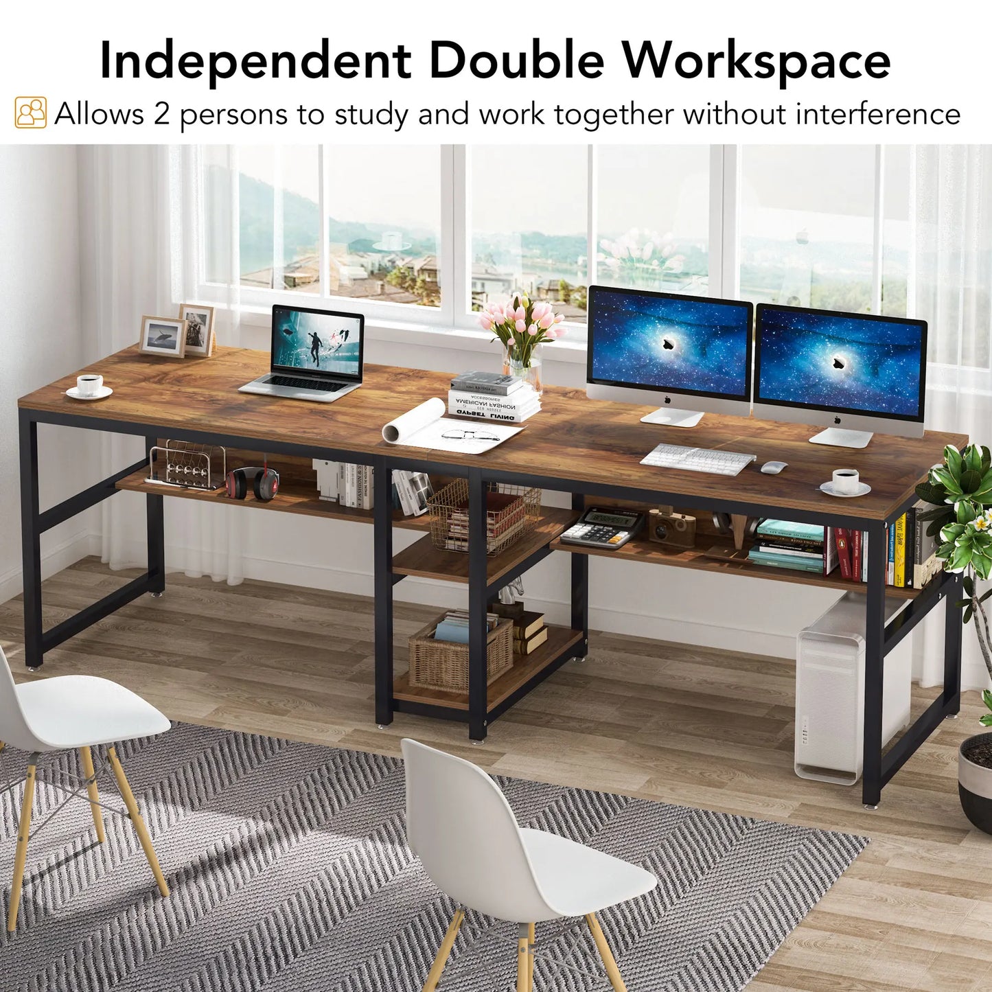 Tribesigns Two Person Desk With Bookshelf For Home Office Rustic