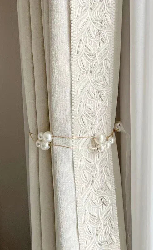 French Curtains for Living Dining Room Bedroom Cream Cured Embossed Chenille Texture Thick Window White Tulle Sheer Curtain
