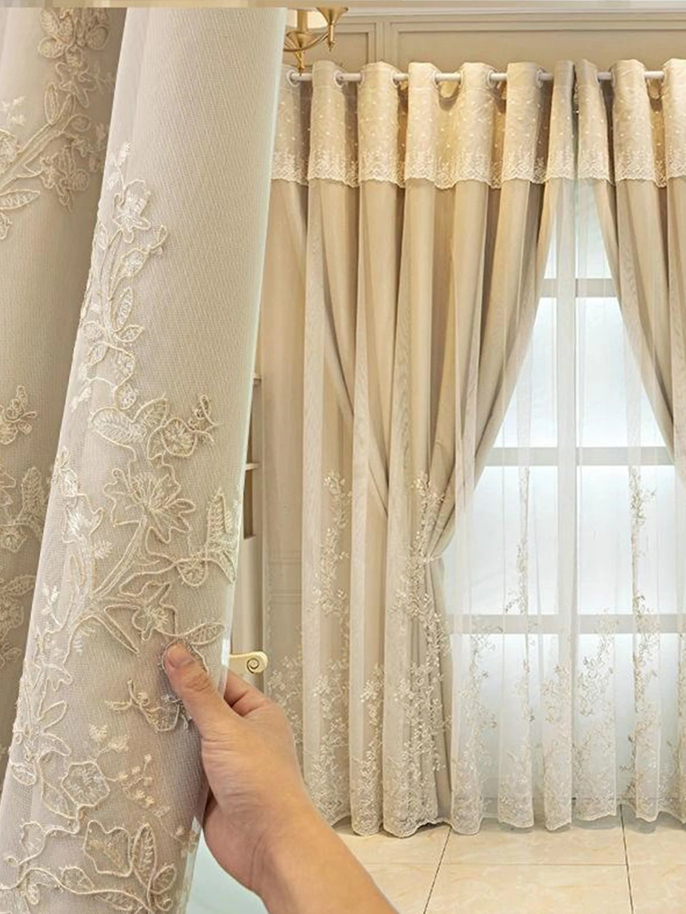 1pc Double Layer Embroidery Curtain  Blackout Curtain  Window Drapes Curtains for Bedroom Living room sliding Door Home Decor