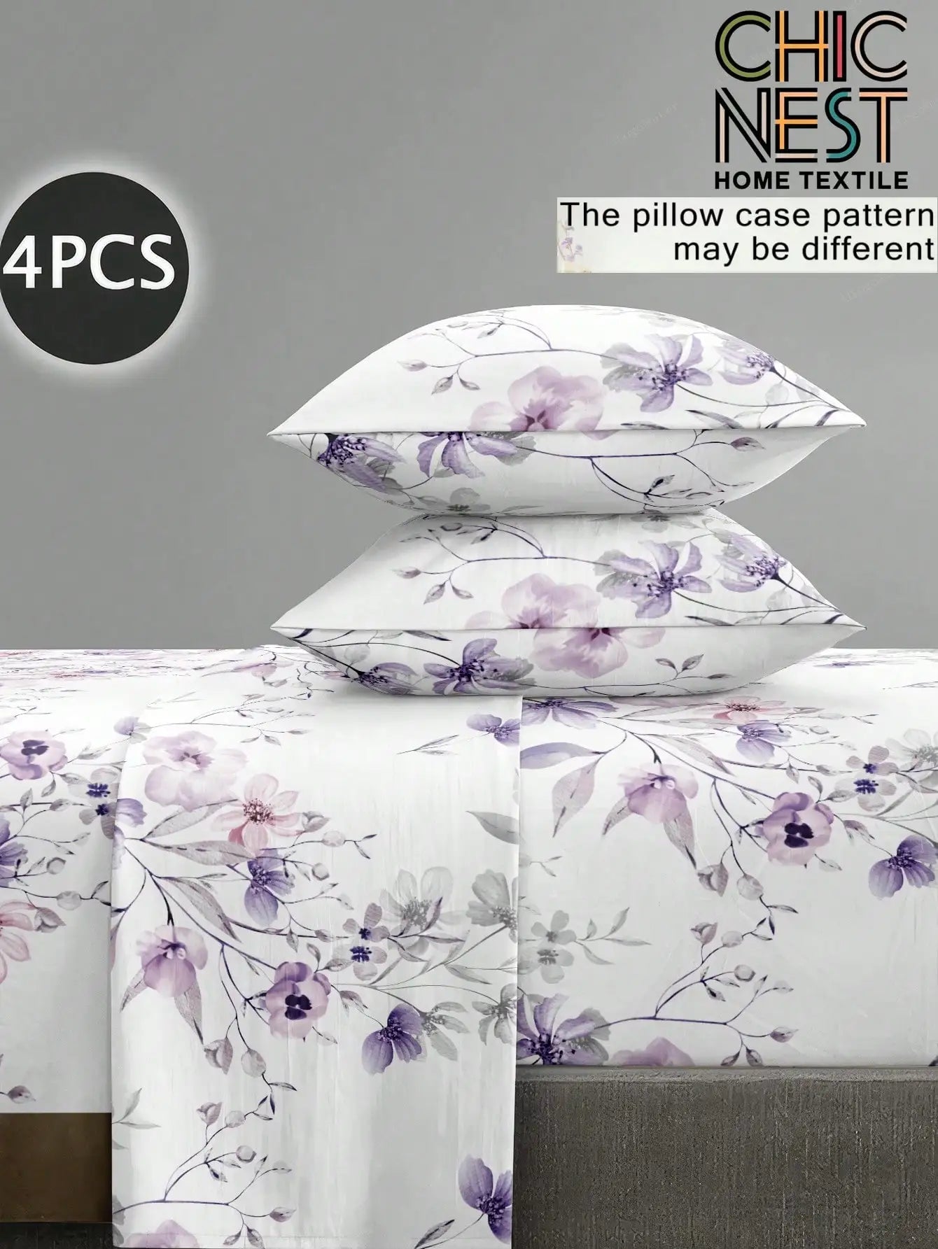 4-Piece Floral Print Bedding Set with Rose Pattern, Fitted Sheet, Flat Sheet & 2 Pillowcases