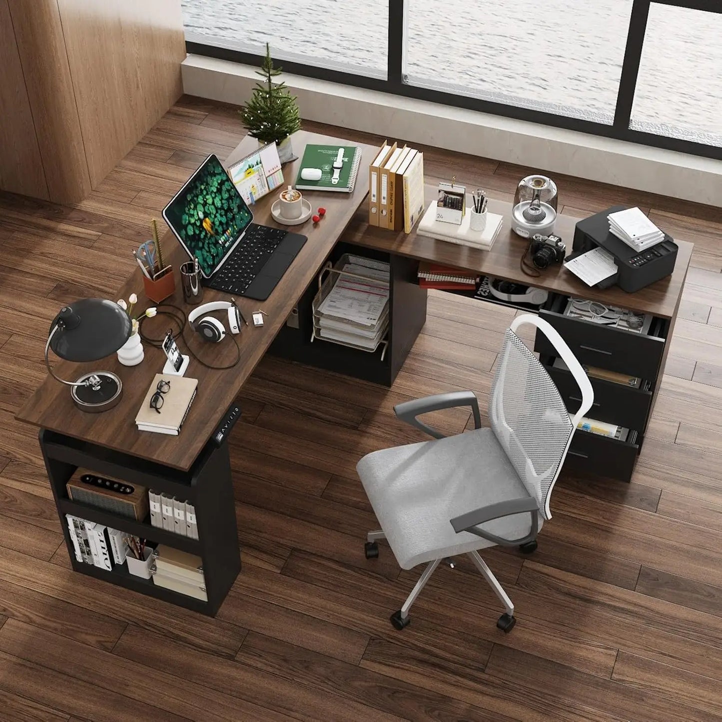 NONEDesk L Shaped Standing Desk With Drawers And Shelves