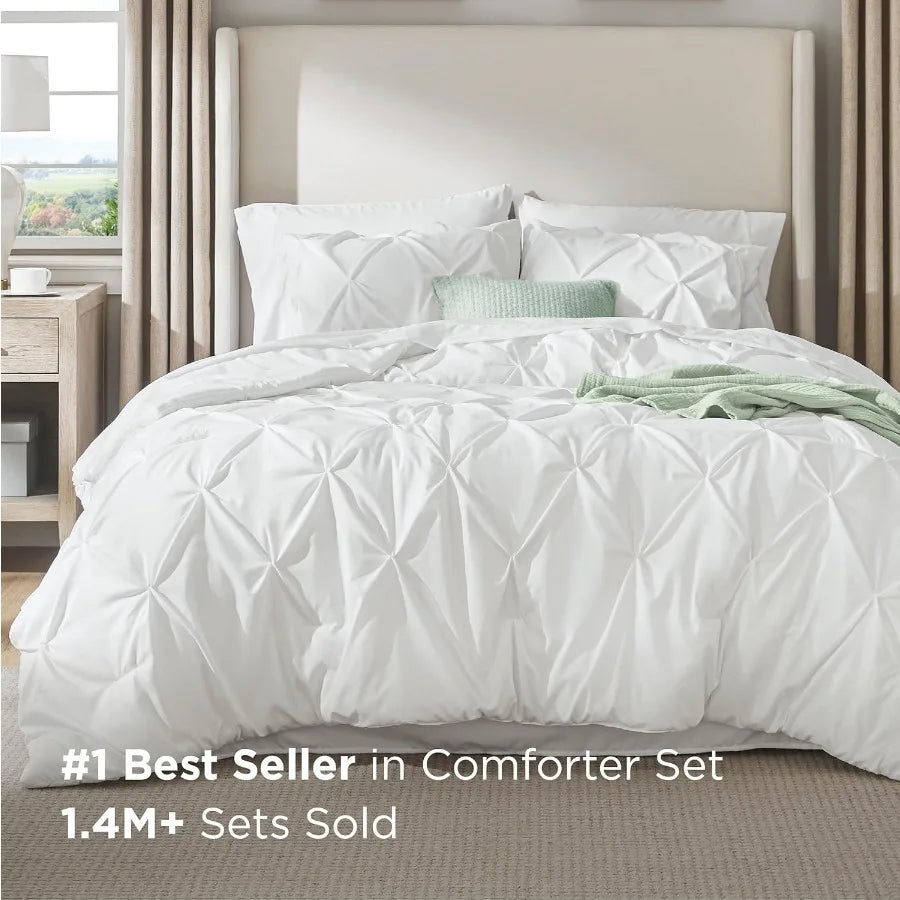 California King Bed in a Bag Comforter Set White 7-Piece GentleSoft Pintuck Bedding with Sheets Pillowcases Shams for Family Gi