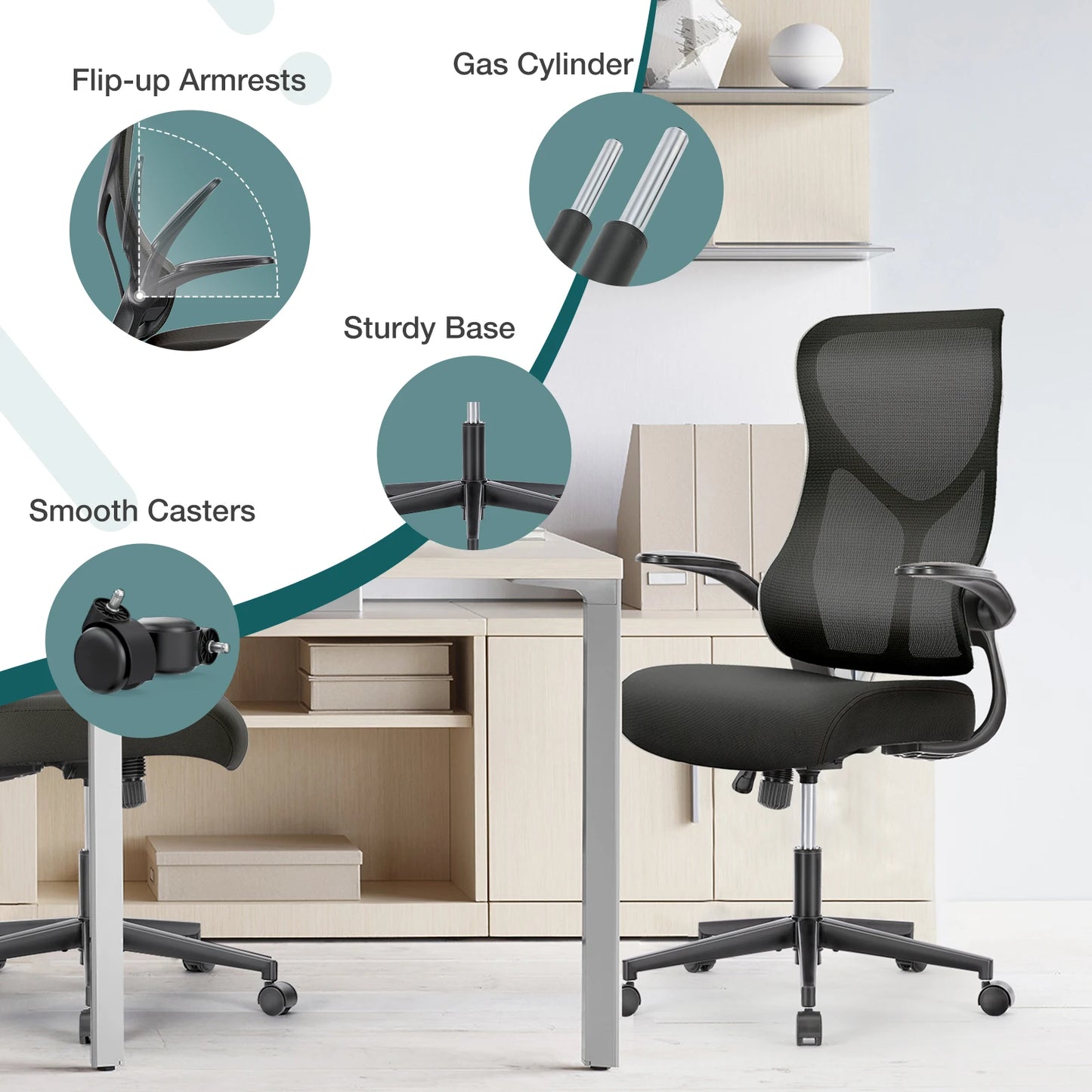 JHK Mesh Lumbar Ergonomic Office Chair With Flip Up Arms And Adjustable Seat Height